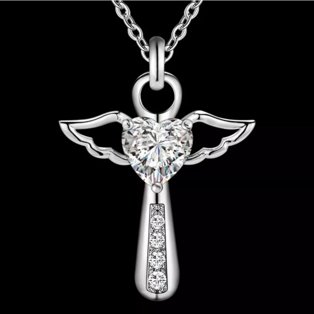 Sterling Silver Crystal Cross Angel Wings Necklace NEW - Picture 1 of 9